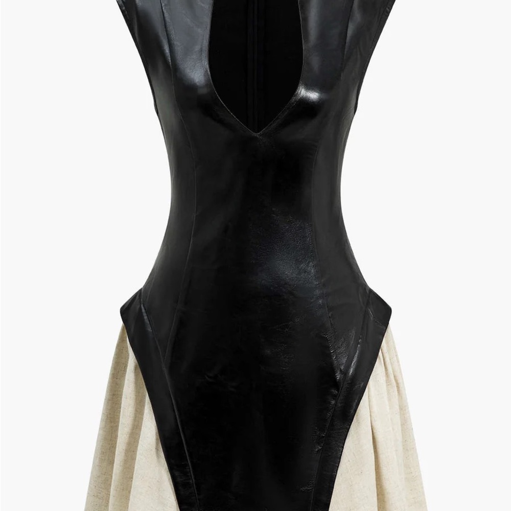Leather (faux) Black and Cream Mini Dress